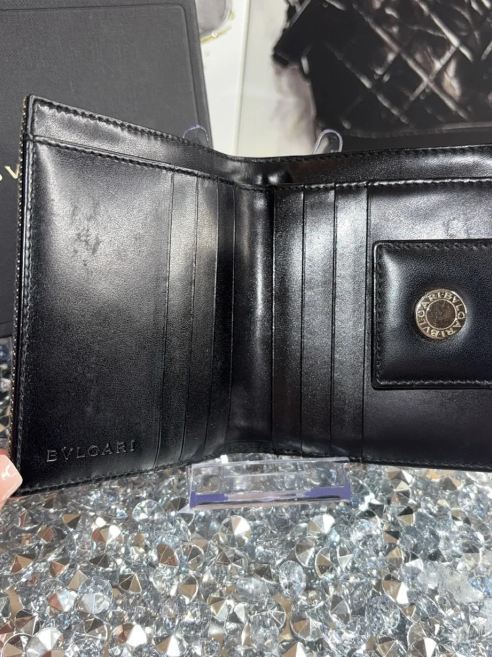 BVLGARI Logo Mania Bifold Wallet made of black denim-like canvas & leather EUC - Picture 6 of 17